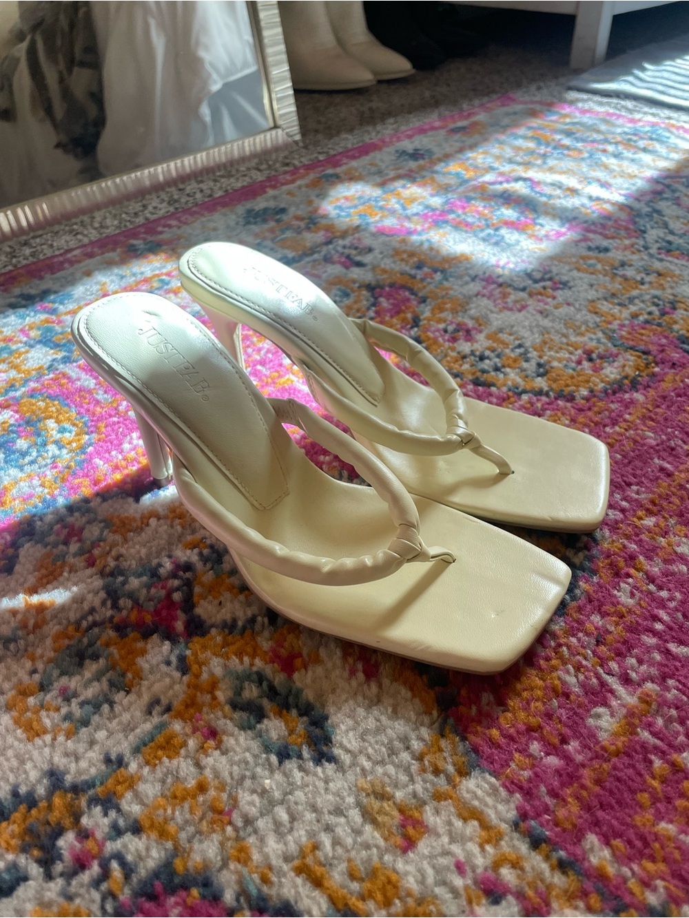 JustFab Cream Braided Thong Heel Sandals